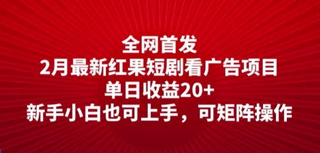 全网首发，2月最新红果短剧看广告项目，单日收益20+，新手小白也可上手，可矩阵操作-大贝源码